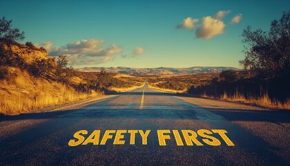 The words 'SAFETY FIRST' written on an empty road with a scenic background, blue sky, and sunlight