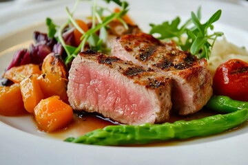 Grilled steak served with vegetables and sauce on plate