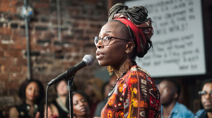 Voice of the People:  A captivating portrait of a passionate young woman with dreadlocks and glasses speaks eloquently into a microphone, captivating her audience at an event or concert.