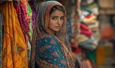 Fototapeta premium Young woman in traditional clothing at a bustling marketplace, surrounded by colorful fabrics and vibrant energy, cultural richness
