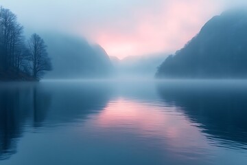 Fototapeta premium A misty lake at sunrise with mountains in the background