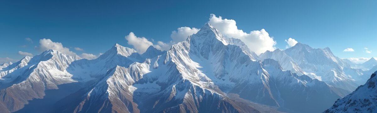 Majestic Himalayan mountain range with snow-capped peaks, clear blue sky. Scenic landscape view shows high altitude. Beautiful nature scene perfect for travel, adventure. Vast wilderness, stunning
