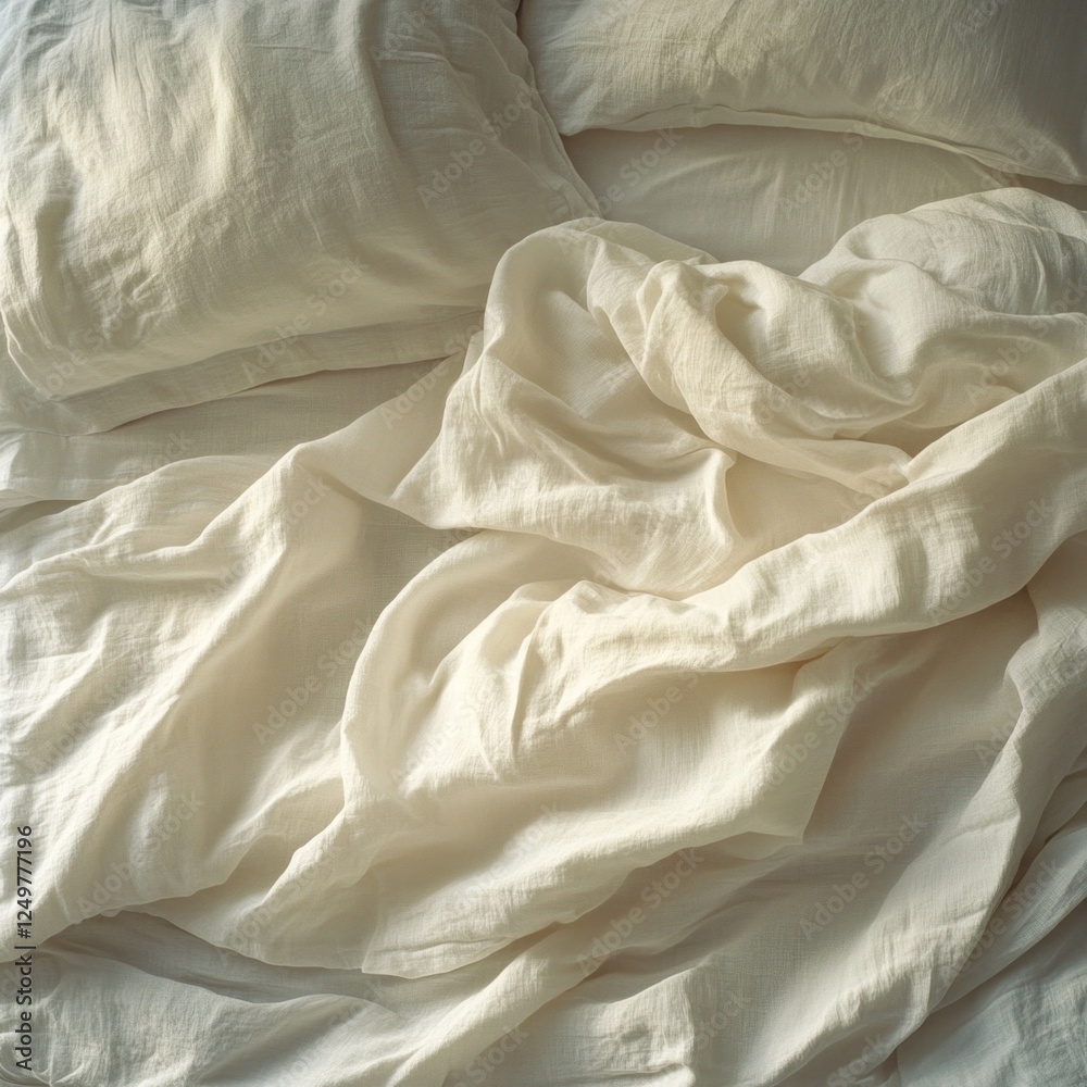 Poster morning light gently envelops an unmade bed with white sheets, revealing soft textures and subtle wr