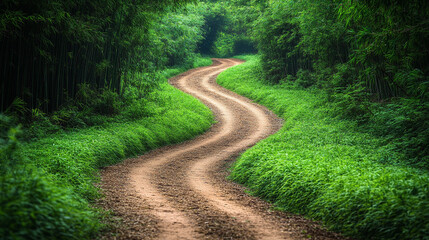 A narrow dirt road winds through a dense bamboo forest, leading to a tranquil sandy beach, with a modern bright tone and a blurred empty space for captions on the side