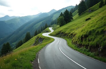 Fototapeta premium Scenic curvy mountain road winds through rich green plants. Asphalt highway meanders through landscape. Travelers journey through nature. Serpentine route offers stunning views. Adventure awaits on
