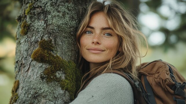 A woman embraces a moss-covered tree trunk in the woods, an act symbolizing the connection to nature and the urgency environmental conservation