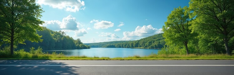 Empty asphalt road stretches beside tranquil lake surrounded by green trees under vibrant blue sky. Scenic summer landscape offers perfect natural background for product display. Ideal for travel