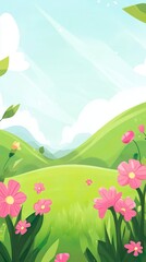 Fototapeta premium Bright spring landscape with colorful flowers and hills, cartoon