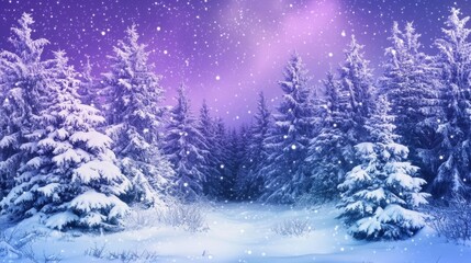 Winter landscape featuring snow-covered trees under a starry night sky illuminated by purple hues