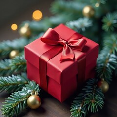 Elegant gift box with ribbon on snowy fir branches, branches, xmas, closeup