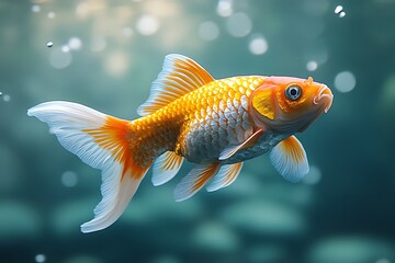 A majestic goldfish gracefully swimming in blue water