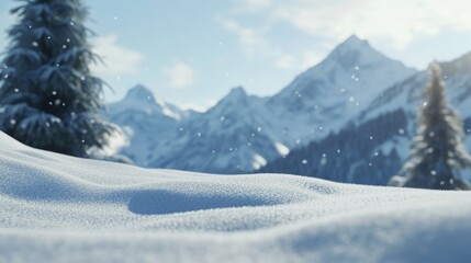 Obraz premium Snowy mountain landscape with gentle snowfall and majestic peaks during daylight hours