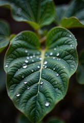 Obraz premium Dew-covered leaf showcasing intricate veins and droplets, nature's beauty