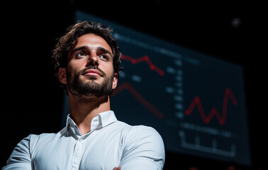 Man in White Shirt Observing Red Line Graphs on Screen