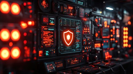 Futuristic cockpit security interface with glowing panels