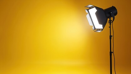 Studio photo setup with bright yellow background. Spotlight illuminates right side of scene. Pro photo shoot for film television production studio advertising. Bright light creates dramatic