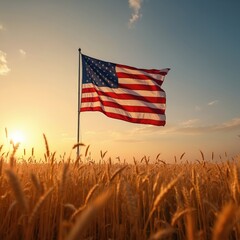 American flag waves high in golden wheat field during sunset. Warm colors create patriotic scene. National symbol of freedom in beautiful landscape. Perfect photo for memorial day 4th of july.