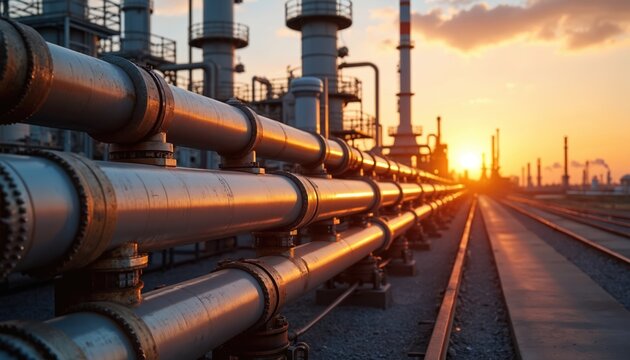 Large oil, gas pipelines in oil refinery at daytime. Energy industry infrastructure shown. Production, transportation of oil, gas visualized. Photo shows pipelines in factory. Sun sets at background.