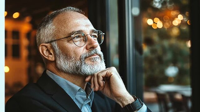 Thoughtful man in glasses reflecting in a cozy caf setting