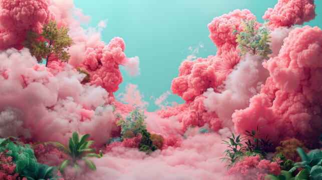 Pink Cloud Fantasy: A surreal landscape of fluffy pink and white clouds, interspersed with vibrant green plants, creates a dreamy and whimsical scene.