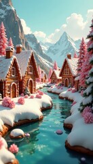 Giant gingerbread houses, chocolate rivers, flowing marshmallow streams , digital art, marshmallow stream, painting