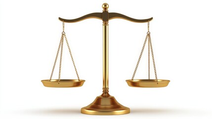 Gold brass balance scale isolated on white background. Sign of justice, lawyer