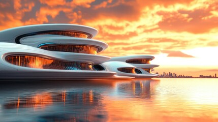 Obraz premium Futuristic floating homes at sunset over city skyline