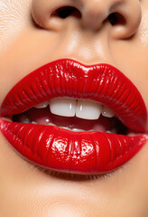 Obraz premium Glossy red lips shining with shimmer under soft light, beauty allure