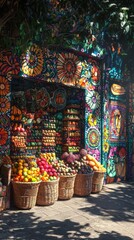 Fototapeta premium Colorful market stall with fruits and spices against vibrant murals