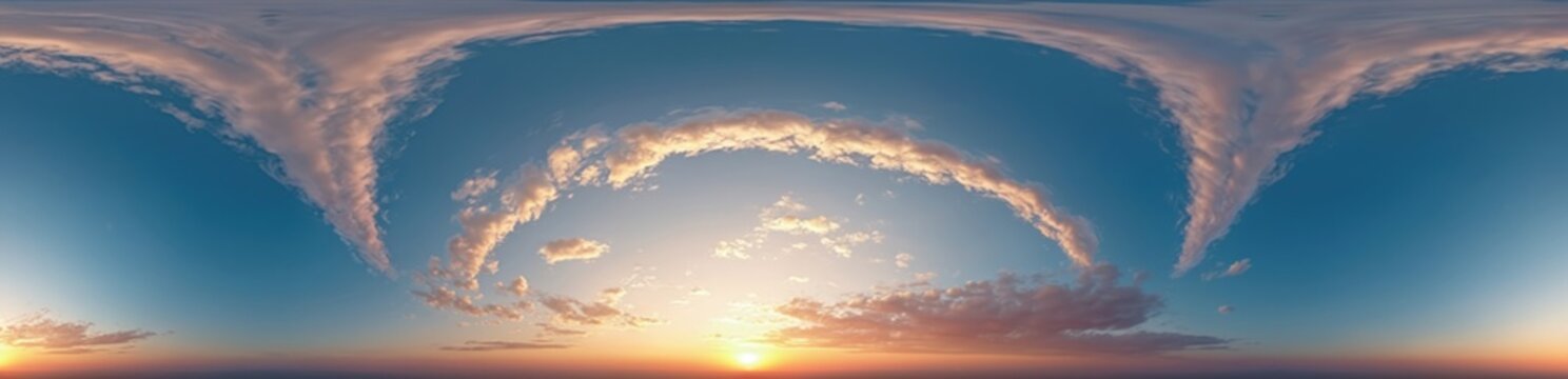 Sunset sky panorama shows various clouds in 360-degree view. Cloudscape with soft light. Suitable for 3D graphics or game environment. Scenic view from drone. High quality image.