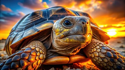 Naklejka premium Sun-drenched tortoise, shell textured, eyes intense, sharp focus.