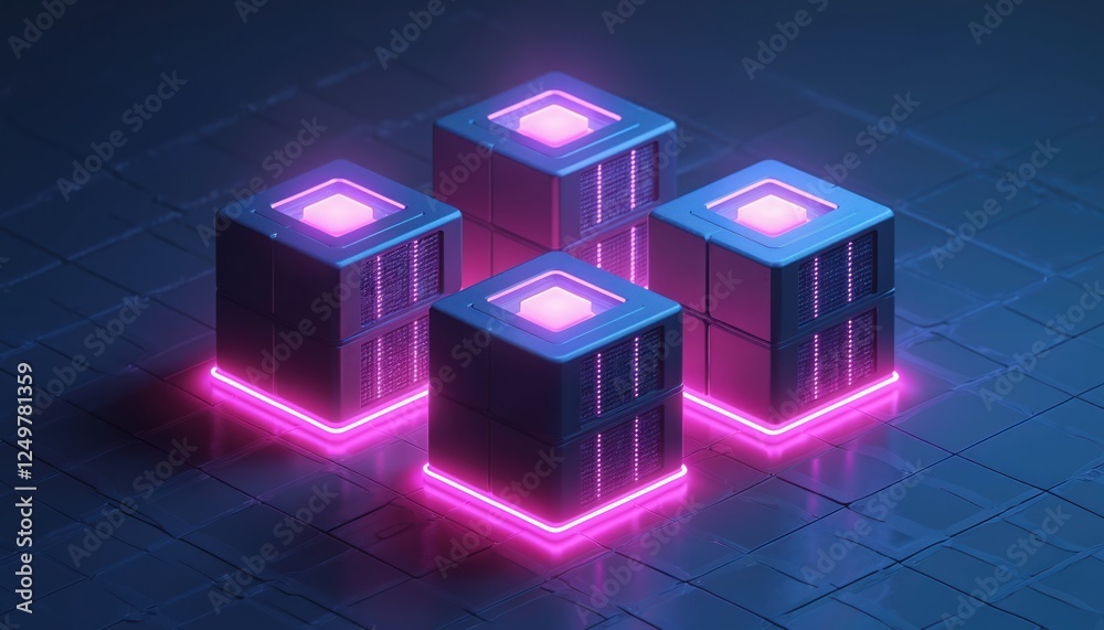Poster futuristic server room displays big data processing tech. isometric view shows datacenter units with