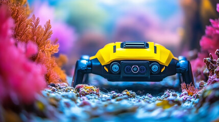 A remotely operated underwater vehicle with cables on the seabed, surrounded by colorful corals, symbolizing technological exploration in harmony with nature, with a blurred empty background space