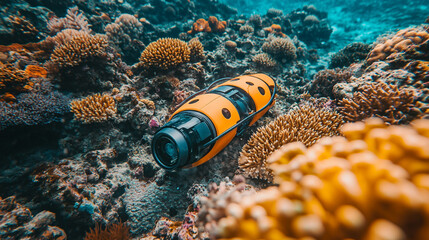 A remotely operated underwater vehicle with cables on the seabed, surrounded by colorful corals, symbolizing technological exploration in harmony with nature, with a blurred empty background space