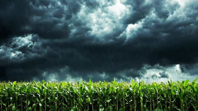 Dark storm clouds loom over a lush cornfield in preparation for rainfall