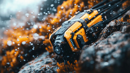 A remotely operated underwater vehicle with cables on the seabed, surrounded by colorful corals, symbolizing technological exploration in harmony with nature, with a blurred empty background space