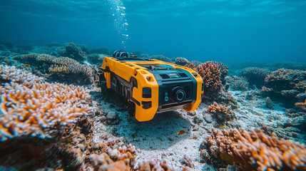 A remotely operated underwater vehicle with cables on the seabed, surrounded by colorful corals, symbolizing technological exploration in harmony with nature, with a blurred empty background space