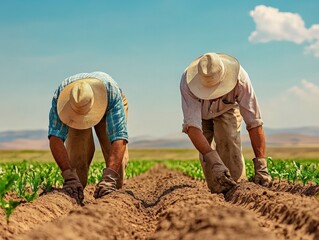 Agricultural Worker in Field Planting Crops under the Sun