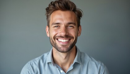 Obraz premium Man with great smile on gray backdrop. Young man in casual attire smiles warmly. Studio shot close-up. Photo shows happiness, confidence. Photogenic person with great teeth. Possible topic for