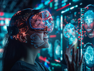 Exploring the Metaverse: A woman wearing a futuristic VR headset interacts with a holographic interface, immersed in a vibrant, digital world of data streams and neural networks.