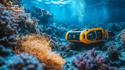 A remotely operated underwater vehicle with cables on the seabed, surrounded by colorful corals, symbolizing technological exploration in harmony with nature, with a blurred empty background space