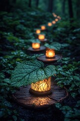 An enchanting forest pathway lined with glowing lanterns seen through the silhouette a leaf, suggesting a magical, hidden route
