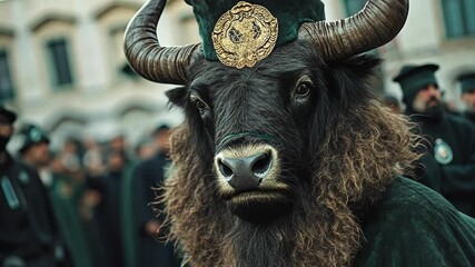 Buffalo in costume during traditional ceremony in vibrant cultural celebration with onlookers