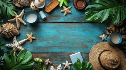 An idyllic summer vacation setup, featuring essential travel items and ample copy space for a personalized message