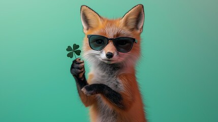 Obraz premium A cheerful red fox proudly holds a lucky four-leaf clover while wearing stylish sunglasses. The fox’s playful expression and upright posture, Irish St. Patrick day