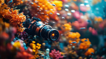A remotely operated underwater vehicle with cables on the seabed, surrounded by colorful corals, symbolizing technological exploration in harmony with nature, with a blurred empty background space