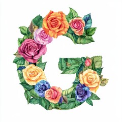 Naklejka premium Floral letter G formed with colorful roses green leaves, placed on a clean white background.
