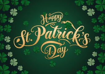 Happy St. Patricks day banner with golden text lettering and clover leaves background. Festive saint patrick day design as banner, poster, card, postcard, flyer, promotion. Vector eps 10