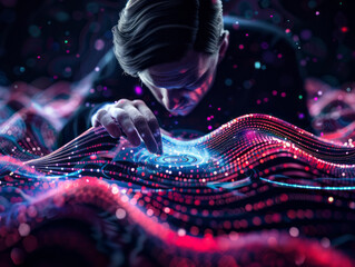 Data Weaver: A man intensely focuses, his fingers delicately tracing intricate patterns on a vibrant, glowing data stream. The scene is awash in deep reds and purples.