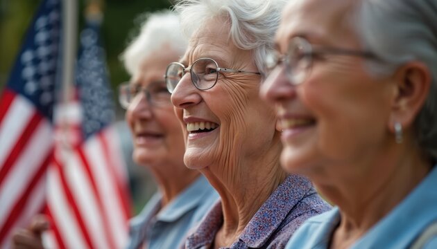 Happy seniors hold American flags outdoors. Smile, look pleased. Group likely at veteran event. Setting suggests park community center. Photo captures moment of joy, patriotism among older people.
